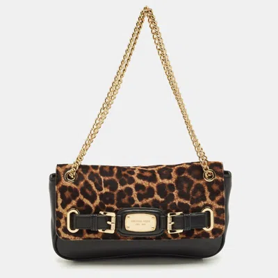 Pre-owned Michael Kors Black/brown Leopard Print Calfhair And Leather Small Hamilton Flap Shoulder Bag