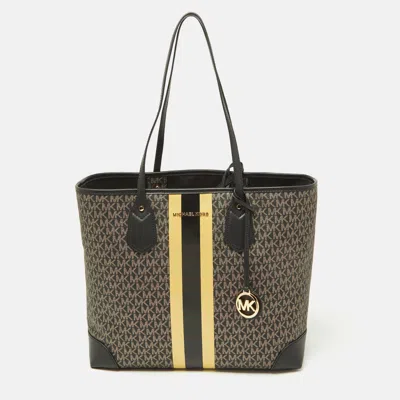 Pre-owned Michael Kors Black/gold Signature Coated Canvas And Leather Eva Tote