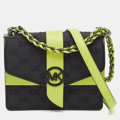 Pre-owned Michael Kors Black/green Signature Fabric And Leather Small Greenwich Shoulder Bag