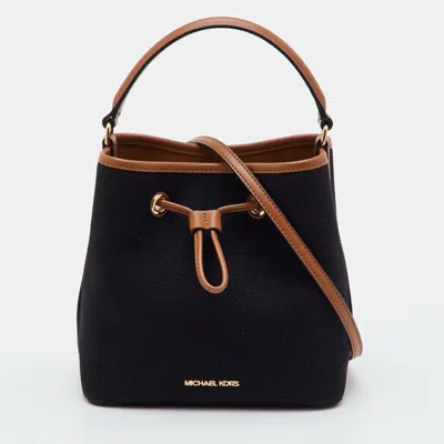 Pre-owned Michael Kors Black/tan Canvas And Leather Drawstring Bucket Bag