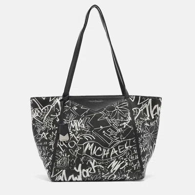 Pre-owned Michael Kors Black/white Leather Large Graffiti Whitney Tote