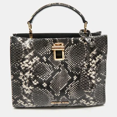 Pre-owned Michael Kors Black/white Snakeskin Embossed Leather Penelope Top Handle Bag