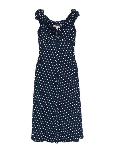 Michael Kors Blue Midi Dress With Polka Dots And A V-neck