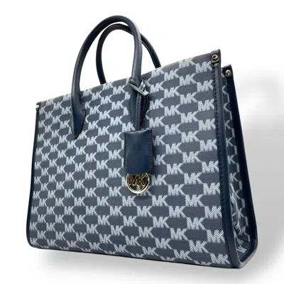 Pre-owned Michael Kors Blue Navy Canvas Leather Handbag Tote Bag () In Multi