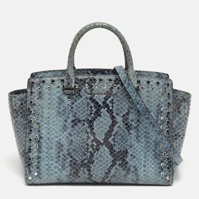 Pre-owned Michael Kors Blue Python Embossed Leather Large Embellished Selma Tote