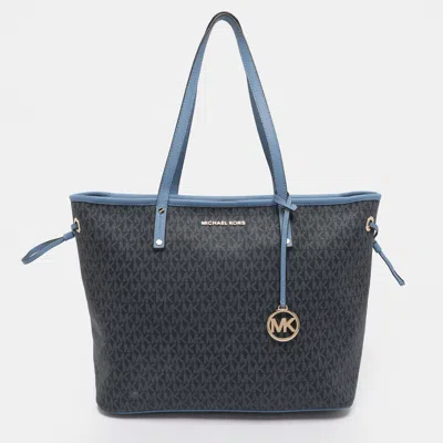 Pre-owned Michael Kors Blue Signature Coated Canvas And Leather Jet Set Travel Tote