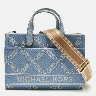 Pre-owned Michael Kors Blue/beige Empire Logo Jacquard Canvas Small Gigi Tote