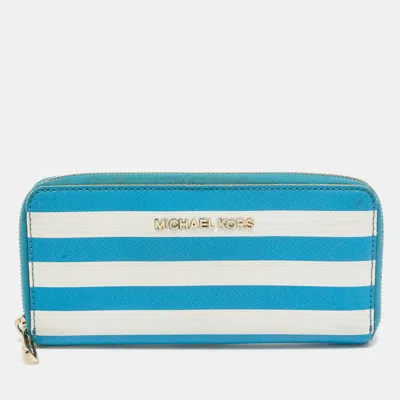Pre-owned Michael Kors Blue/white Stripe Leather Zip Around Continental Wallet