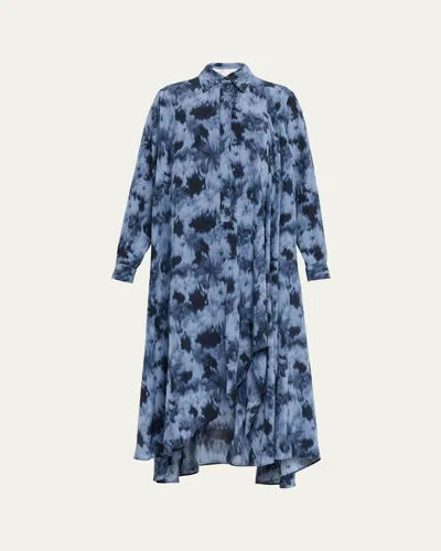 Michael Kors Blur Floral-print Draped Midi Caftan Shirtdress In Blue