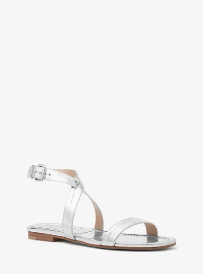 Michael Kors Bridgette Metallic Crocodile Embossed Leather Sandal In Silver