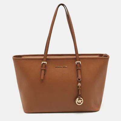 Pre-owned Michael Kors Brown Leather Large Jet Set Top Zip Tote