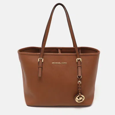 Pre-owned Michael Kors Brown Saffiano Leather Small Jet Set Travel Tote