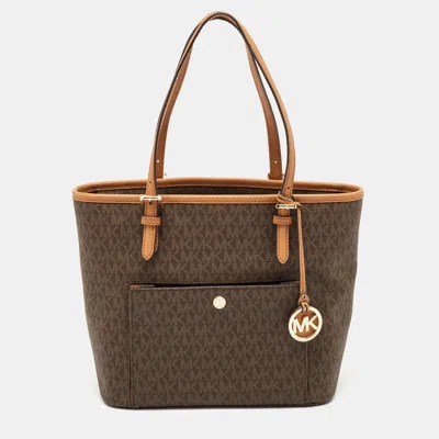 Pre-owned Michael Kors Brown Signature Coated Canvas And Leather Ciara Tote