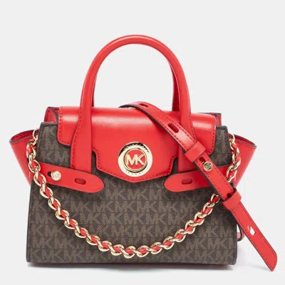 Michael Kors /brown Signature Coated Canvas And Leather Extra Small Carmen Satchel In Red