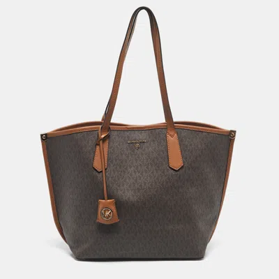 Pre-owned Michael Kors Brown Signature Coated Canvas And Leather Jane Tote