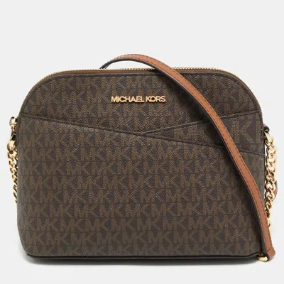 Pre-owned Michael Kors Brown Signature Coated Canvas And Leather Jet Set Travel Crossbody Bag