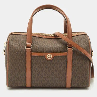 Pre-owned Michael Kors Brown Signature Coated Canvas And Leather Jet Set Travel Duffel Bag