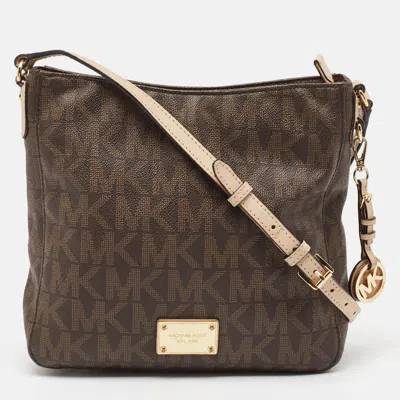 Pre-owned Michael Kors Brown Signature Coated Canvas And Leather Jet Set Travel Messenger Bag