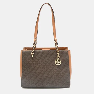 Pre-owned Michael Kors Brown Signature Coated Canvas And Leather Large Sofia Tote