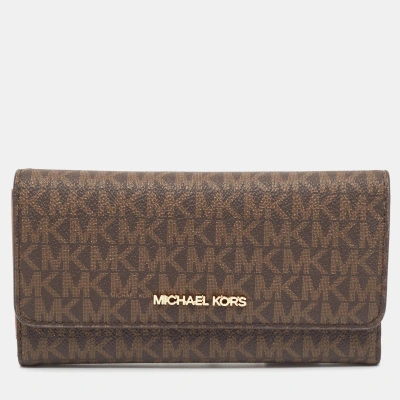 Pre-owned Michael Kors Brown Signature Coated Canvas Large Jet Set Travel Trifold Wallet