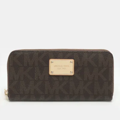 Pre-owned Michael Kors Brown Signature Coated Canvas Zip Around Wallet