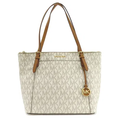 Pre-owned Michael Kors Brown White Leather Coated Canvas Tote Bag ()