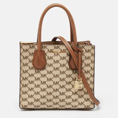 Pre-owned Michael Kors Brown/beige Signature Coated Canvas And Leather Mini Mercer Tote
