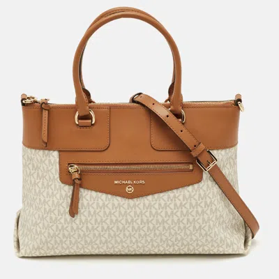 Pre-owned Michael Kors Brown/beige Signature Coated Canvas And Leather Warren Tote