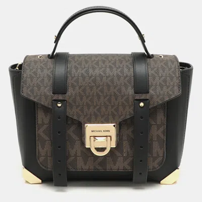 Pre-owned Michael Kors Brown/black Leather And Pvc Medium Manhattan Top Handle Bag