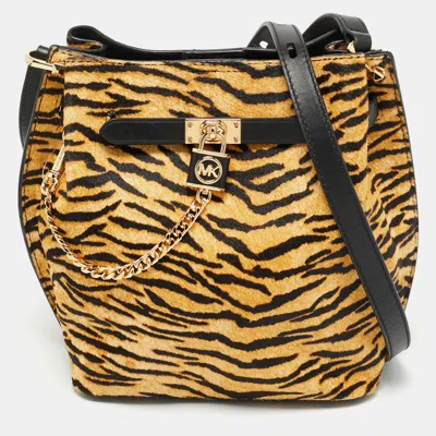 Pre-owned Michael Kors Brown/black Zebra Print Calf Hair Medium Hamilton Legacy Bucket Bag