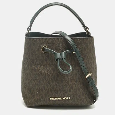 Pre-owned Michael Kors Brown/dark Green Signature Canvas Suri Drawstring Bucket Bag