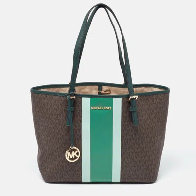 Pre-owned Michael Kors Brown/green Signature Coated Canvas And Leather Tote