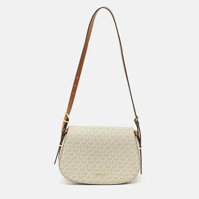 Pre-owned Michael Kors Brown/off White Signature Coated Canvas And Leather Medium Lydia Messenger Bag