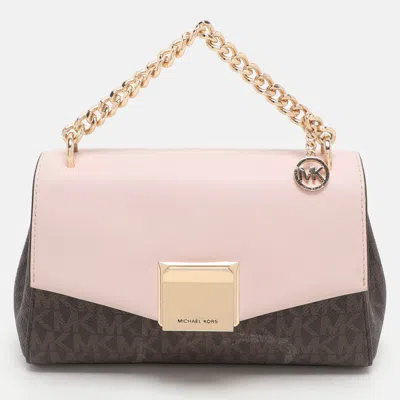 Pre-owned Michael Kors Brown/pink Signature Coated Canvas And Leather Small Lita Crossbody Bag