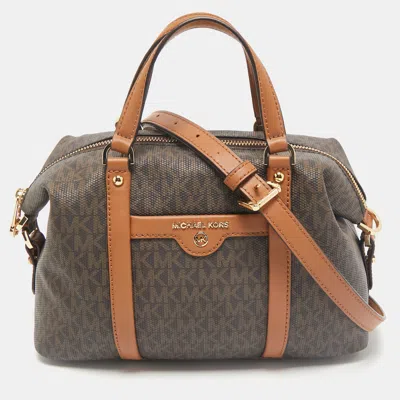 Pre-owned Michael Kors Brown/tan Signature Coated Canvas And Leather Beck Satchel