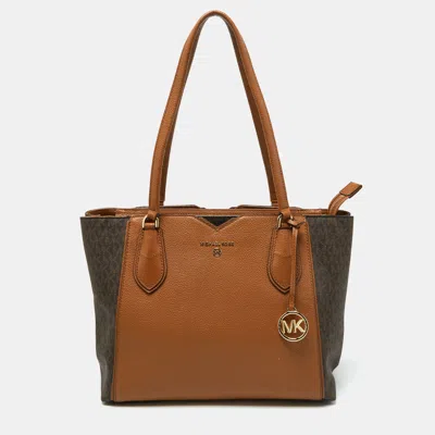 Pre-owned Michael Kors Brown/tan Signature Coated Canvas And Leather Mae Tote