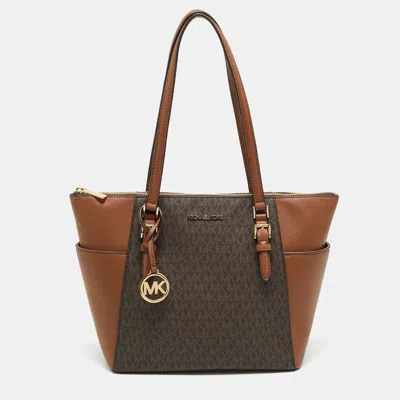 Pre-owned Michael Kors Brown/tan Signature Coated Canvas Large Charlotte Top Zip Tote
