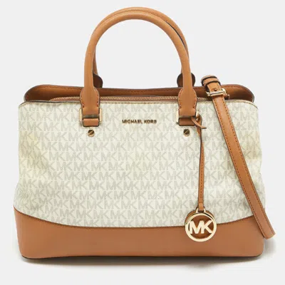 Pre-owned Michael Kors Brown/white Signature Coated Canvas And Leather Savannah Satchel