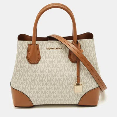 Pre-owned Michael Kors Brown/white Signature Coated Canvas And Leather Small Mercer Gallery Tote