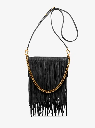 Michael Kors Bryant Small Fringed Suede Convertible Pochette In Black