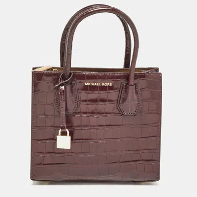 Pre-owned Michael Kors Burgundy Croc Embossed Leather Mini Mercer Tote