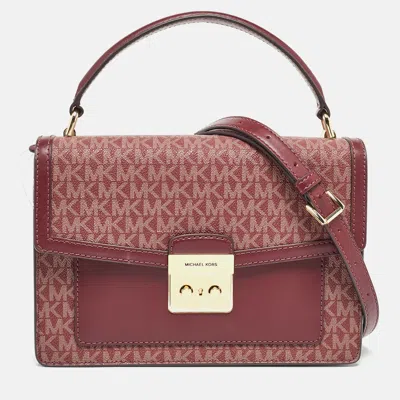Pre-owned Michael Kors Burgundy Signature Coated Canvas Medium Johara Top Handle Bag