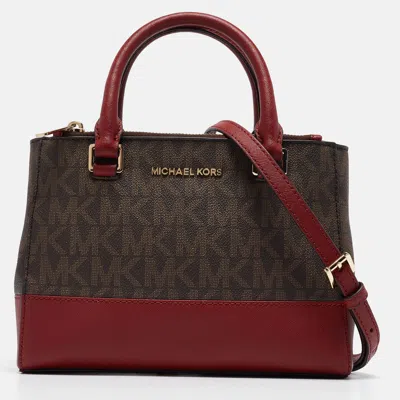 Pre-owned Michael Kors Burgundy/brown Signature Coated Canvas And Leather Xs Kellen Tote