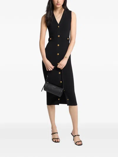 Michael Kors Button-up V-neck Midi Dress In Black