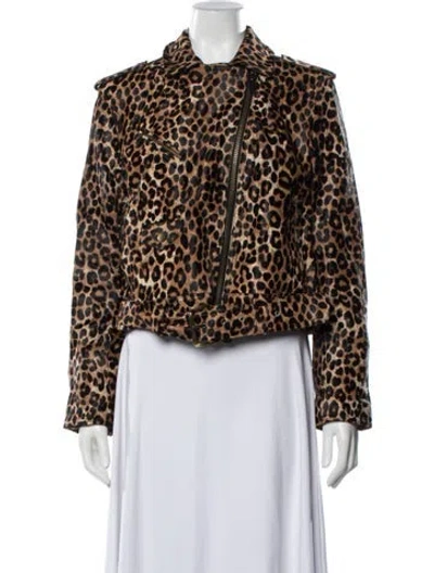 Pre-owned Michael Kors Calf Hair Animal Print Biker Jacket In Brown