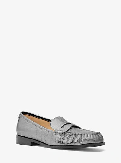 Michael Kors Carlson Crackled Metallic Leather Loafer In Grey