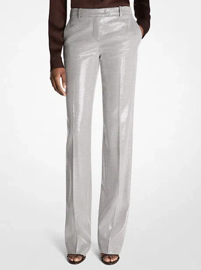 Michael Kors Carolyn Embroidered Sequin Dogtooth Stretch Wool Trousers In White