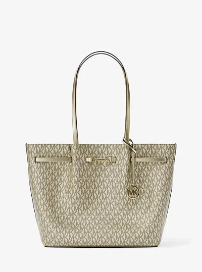 Michael Kors Carson Large Metallic Signature Logo Tote Bag In Gold