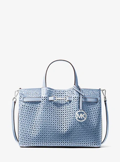 Michael Kors Carson Medium Floral Laser Cut Satchel In Blue