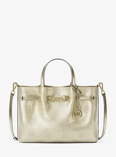Michael Kors Carson Medium Metallic Logo Debossed Satchel In Gold